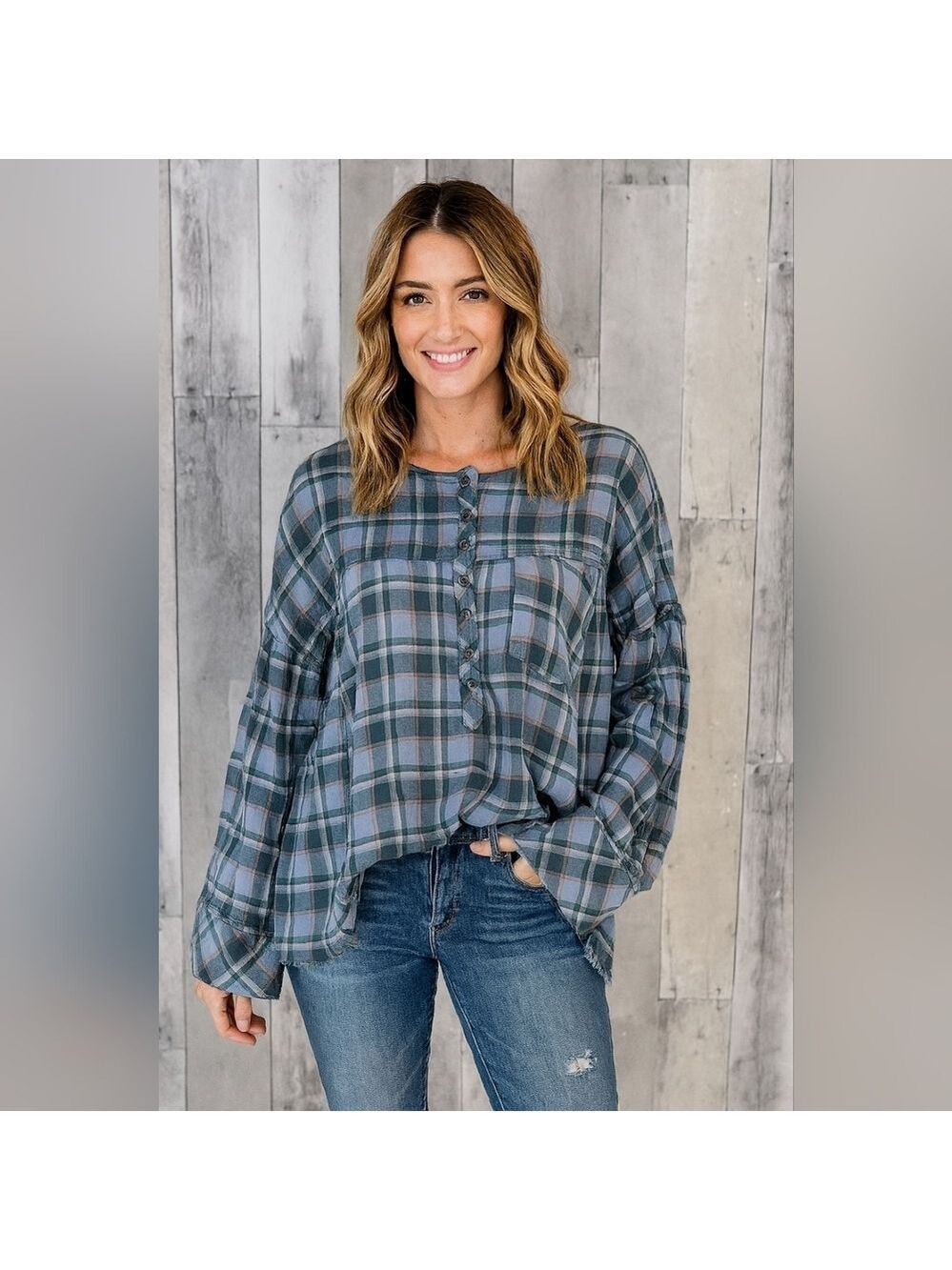 NWOT Free People Plaid Button Down Shirt XS Green Blue